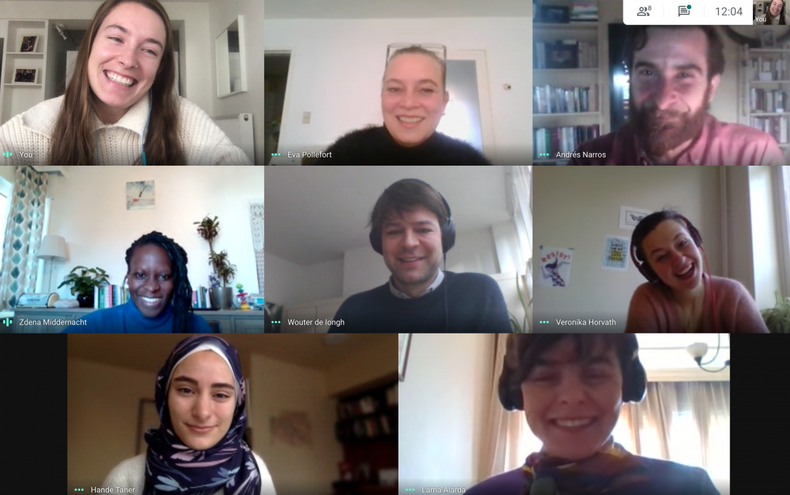 A screenshot of our online team meeting, eight faces looking at the screen.